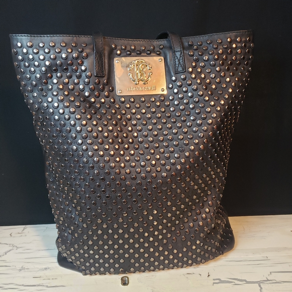 Roberto Cavalli Studded Tote Bag in Black Leather - Made in Italy